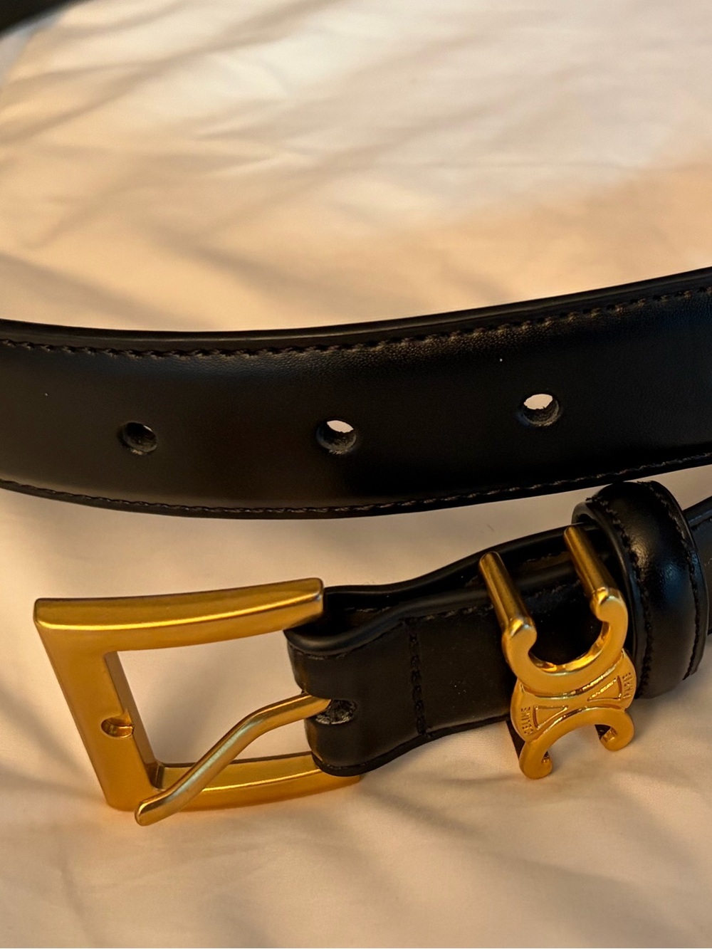 Celine Black Leather Belt with Gold Triomphe Accent